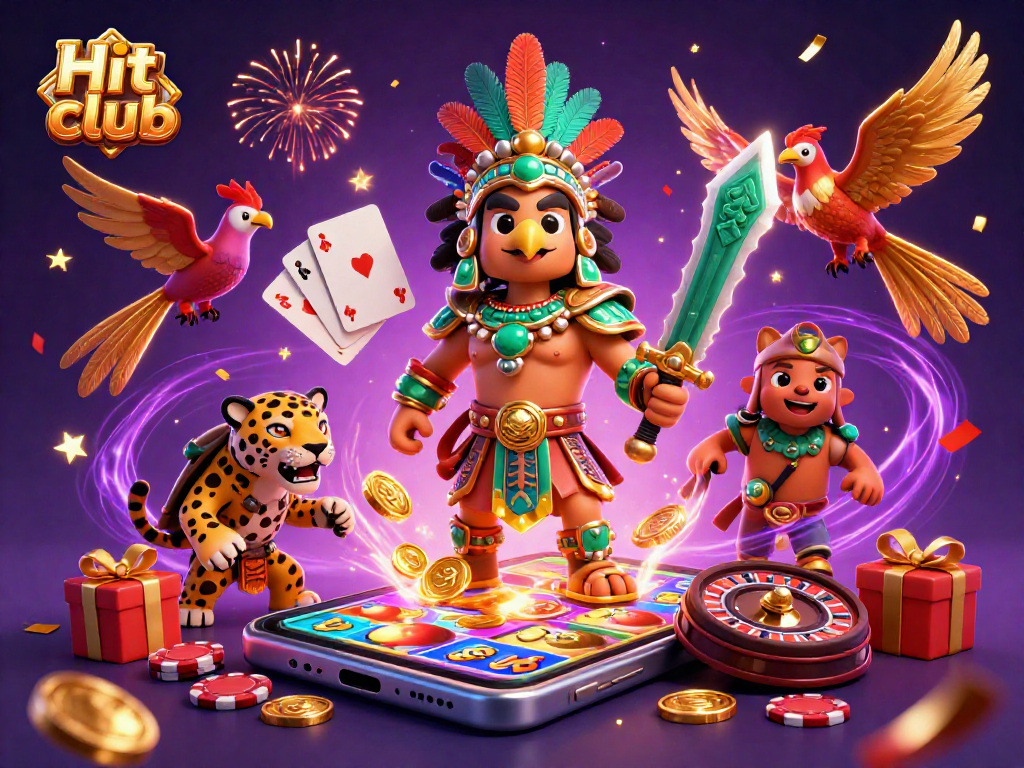 Hit club showcases dynamic gaming action with Aztec warriors and vibrant slot elements.