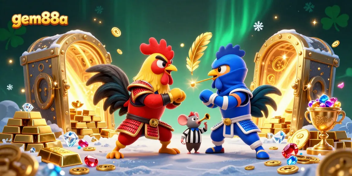 Engage in thrilling action with gem88a as epic roosters battle amidst golden treasures and vibrant casino elements.