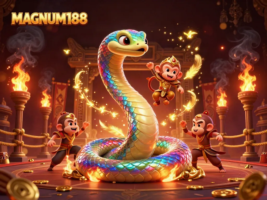 Engage with MAGNUM188's vibrant gaming world featuring a rainbow serpent and monkey king in a rich casino scene.