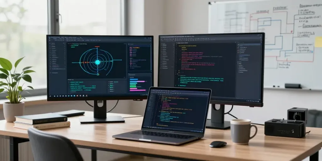 Developer in a modern workspace optimizing Enterprise AI algorithms with dual monitors, emphasizing data analysis.