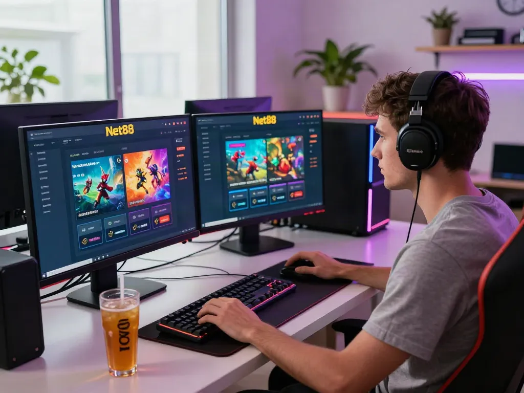 Gamer engaging with the Net88 platform in a modern home office.
