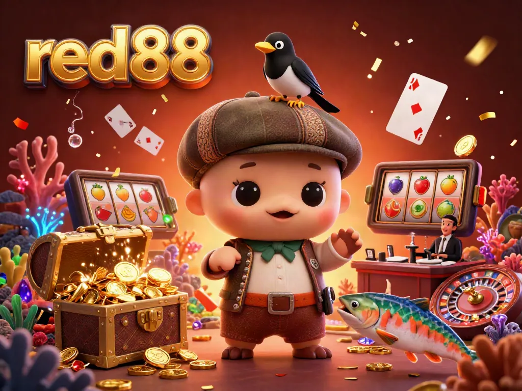 Experience exciting gaming at red88 with a playful 3D Nessie and vibrant casino elements.