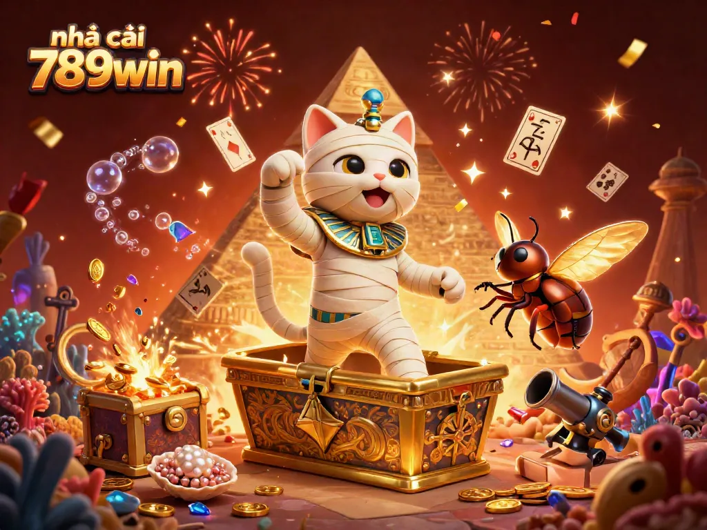 Experience the excitement at nhà cái 789win with a lively scene featuring a cartoon mummy cat and golden treasures.