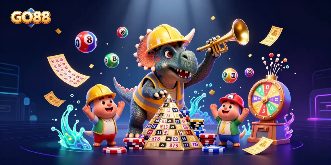Engage with dynamic gaming at GO88, showcased by colorful lottery elements and cheerful characters.