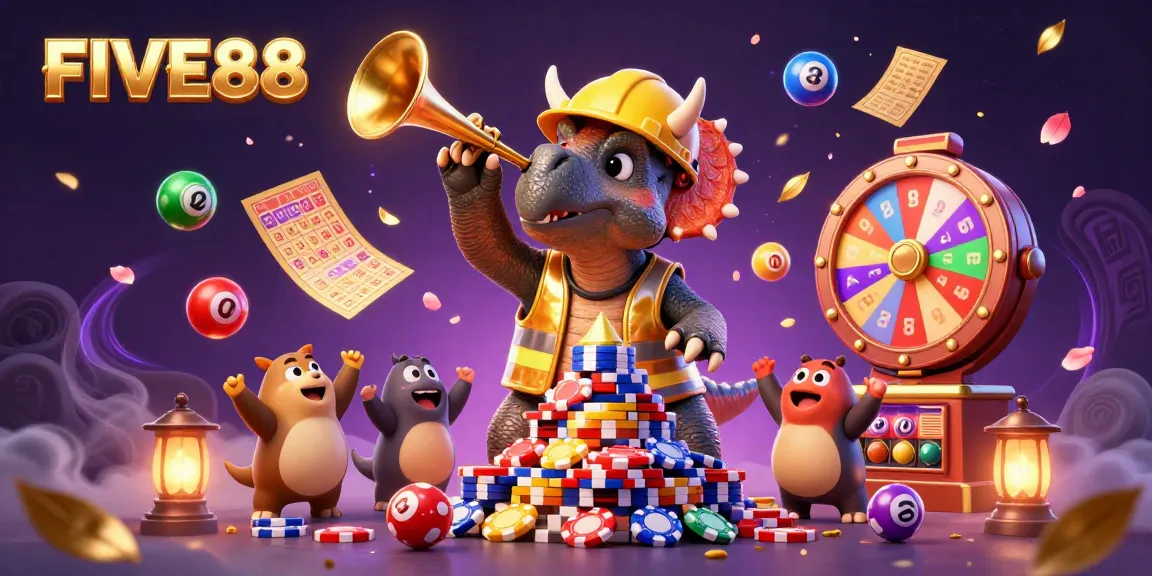 Join the celebration at FIVE88 with vibrant casino-themed elements and exciting characters!