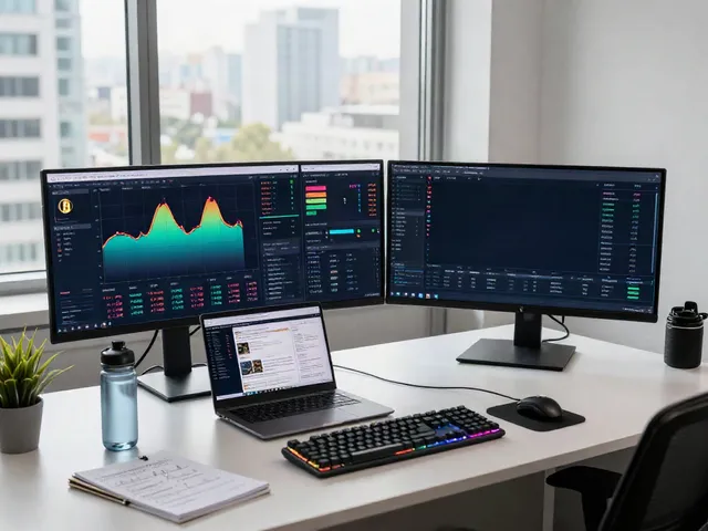 Watch live cryptocurrency trading analysis with dual monitors and wallet overview in a modern office.