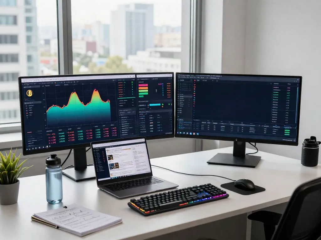 Watch live cryptocurrency trading analysis with dual monitors and wallet overview in a modern office.