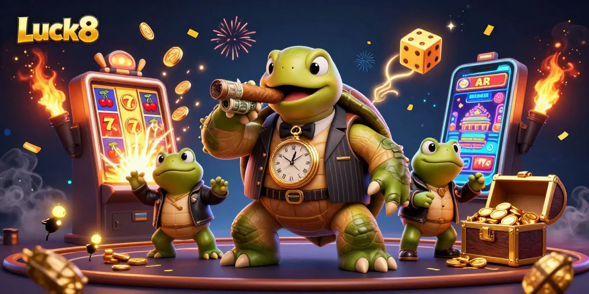 Luck8 slot machine jackpot explosion with a snapping turtle mobster and bullfrog enforcers.