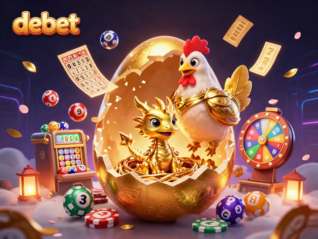 Experience the thrill of debet with a golden dragon, poker chips, and lottery elements in this vibrant illustration.