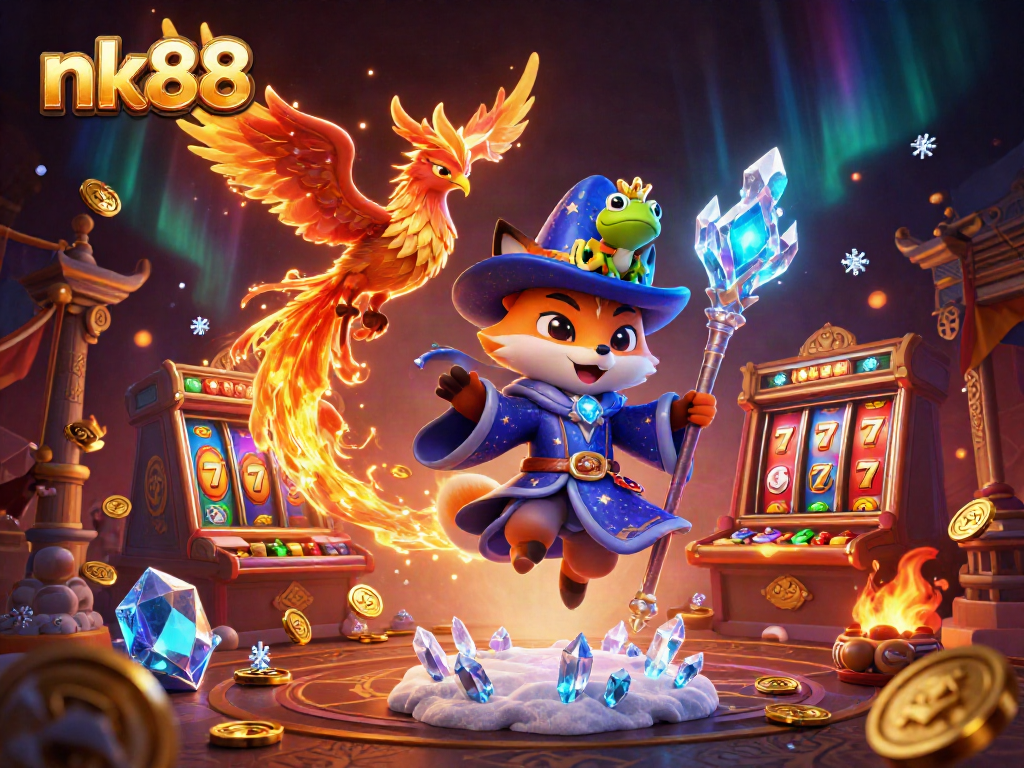 Experience the thrilling world of nk88 with a wizard fox, phoenix, and enchanted frog in a vibrant casino setting.