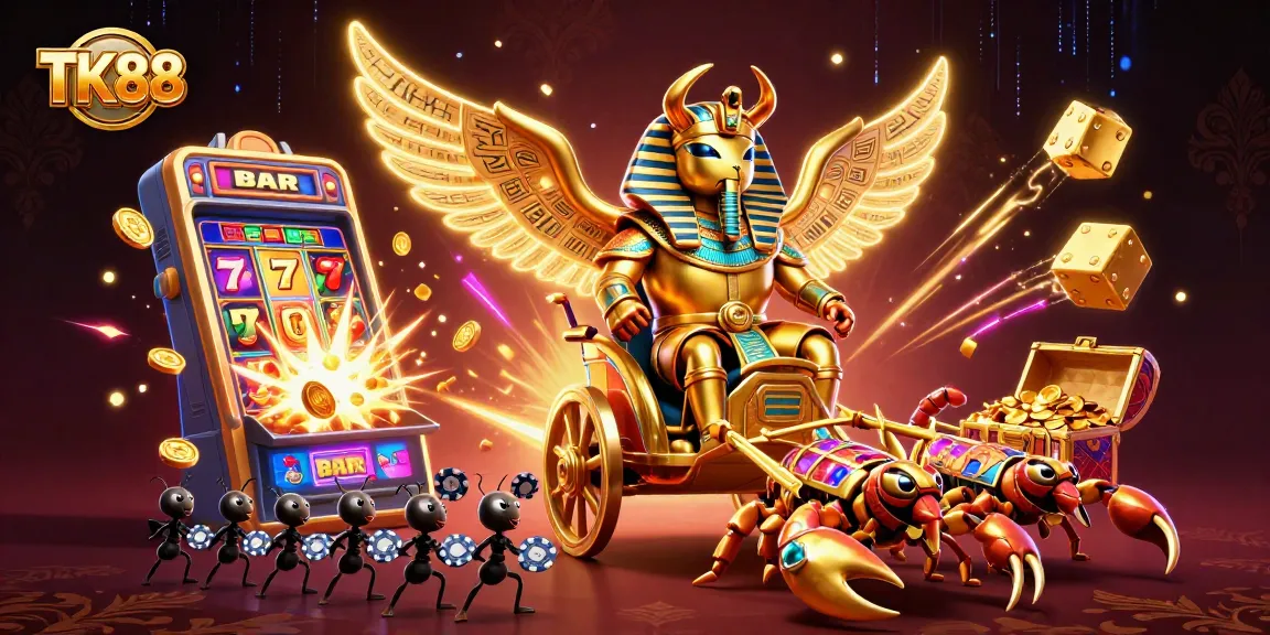 Engage with thrilling TK88 casino adventure in a dazzling slot machine scene.