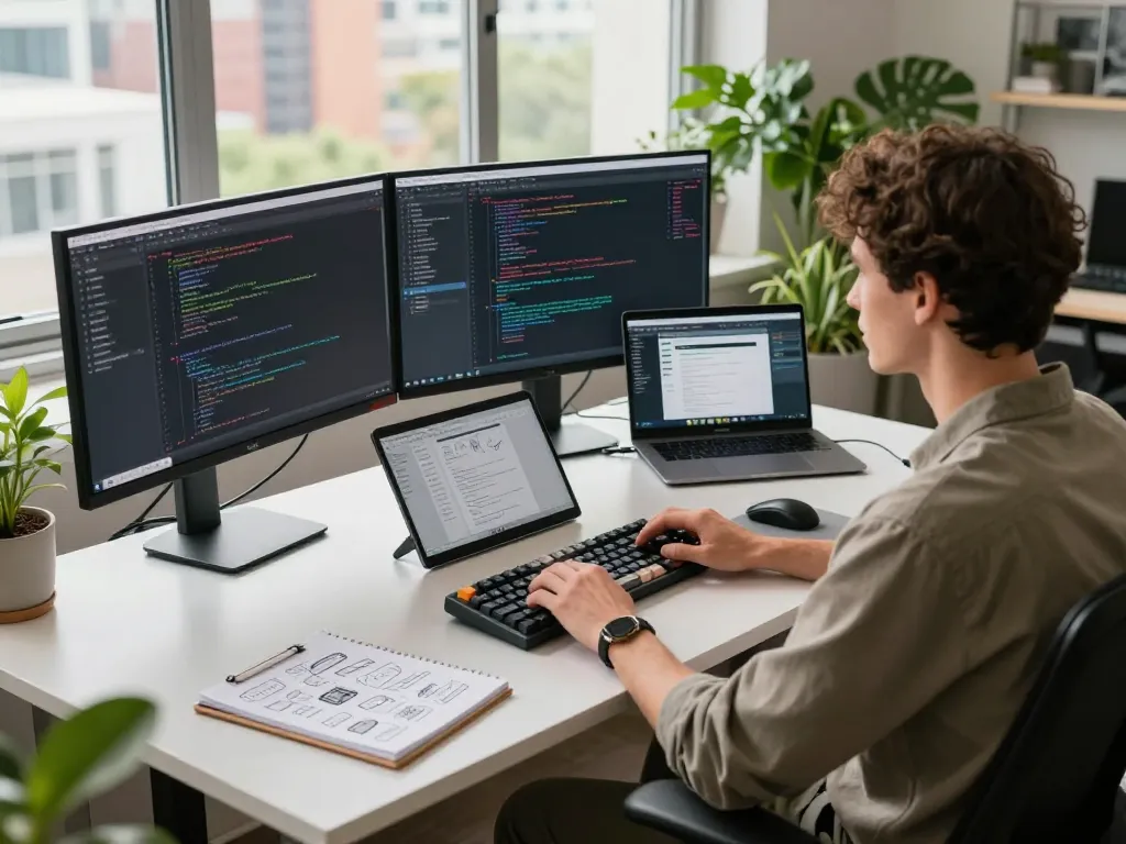 快连 software developer working in a modern office space with multiple monitors and a casual yet focused atmosphere.