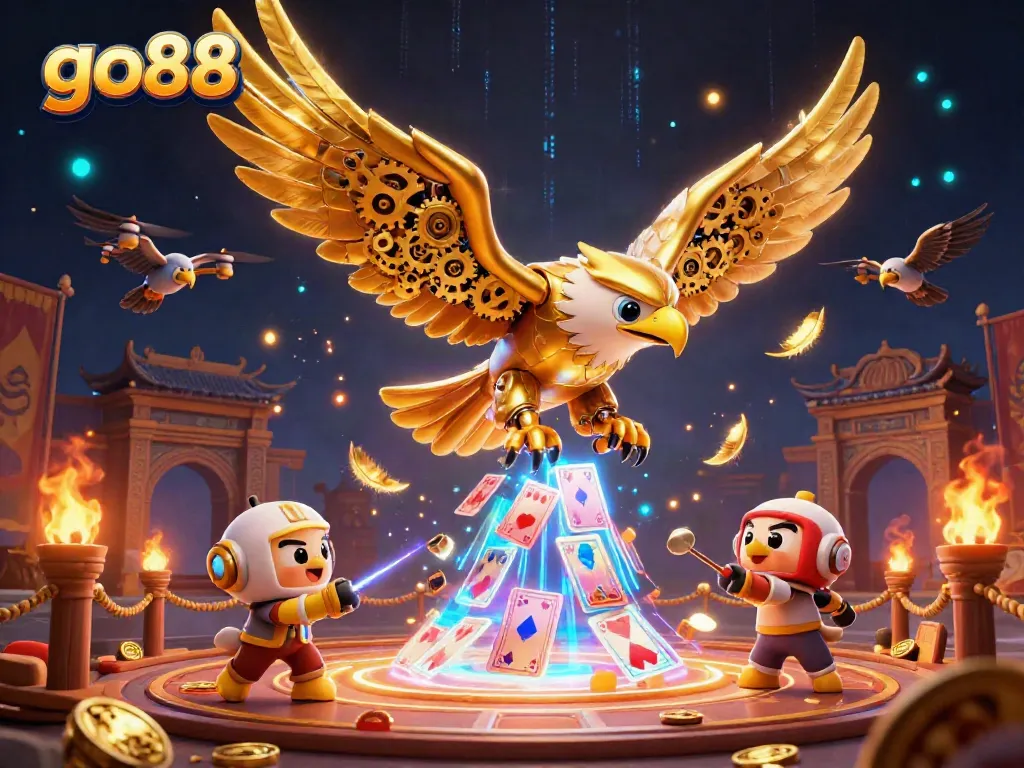 Engage with go88's exciting features in this dynamic casino illustration filled with action and colorful elements.