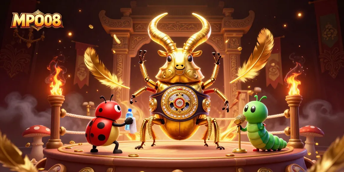 MPO08 showcases a dynamic scene of a giant golden stag beetle in a boxing ring, emphasizing thrilling action.