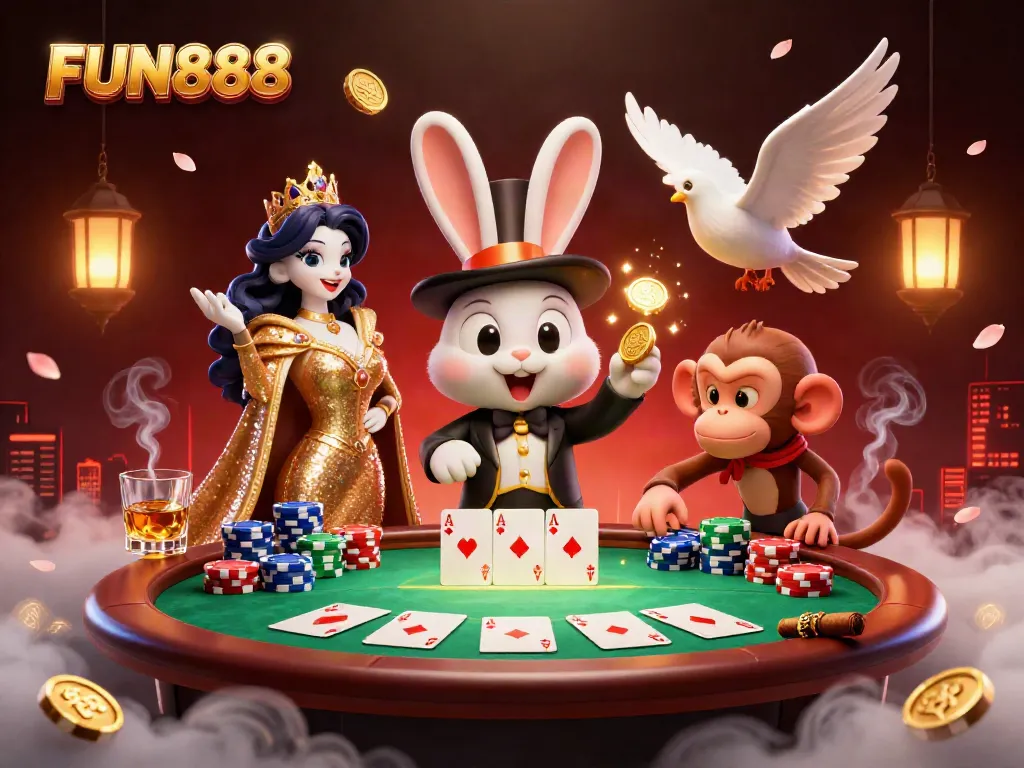 Experience the thrilling excitement of FUN888 with a magician rabbit, dove, and monkey in a vibrant casino scene.
