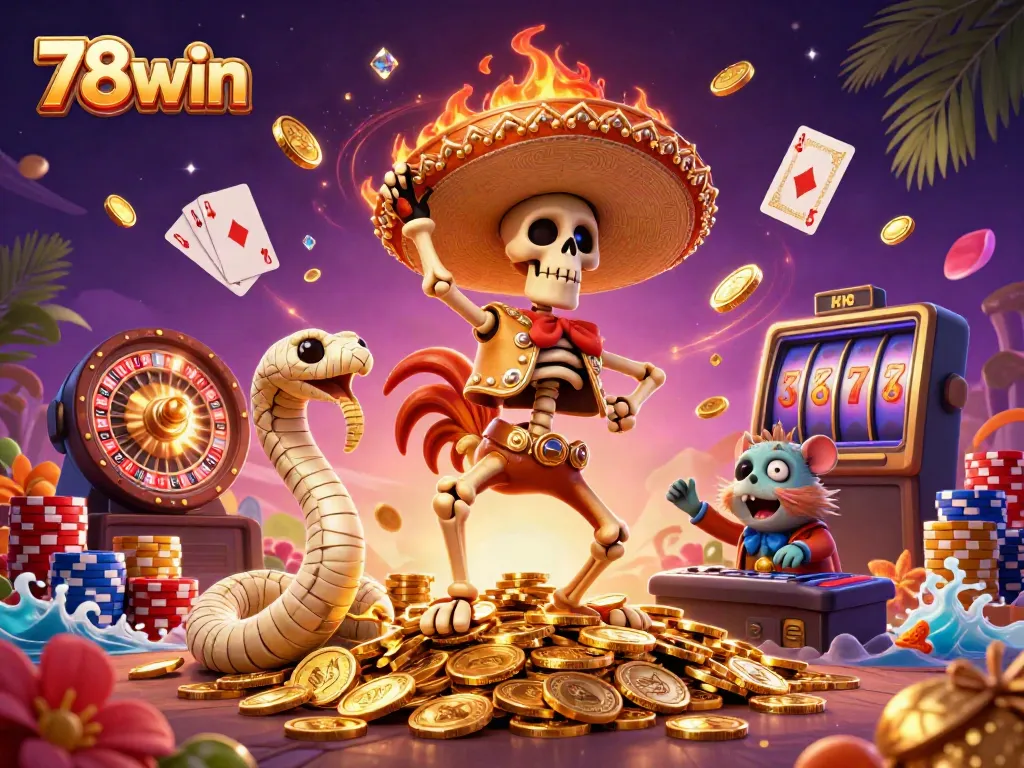 Win big at 78win with a vibrant casino celebration, featuring cartoon characters and dynamic gaming elements.
