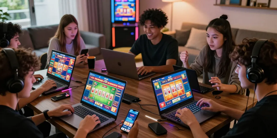 YO88 online gaming excitement with diverse players in a cozy living room, showcasing vibrant games