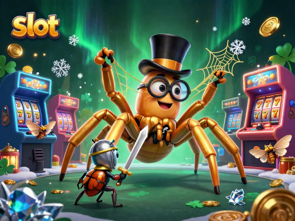 Spin to win with vibrant slot-themed illustration featuring a golden tarantula and beetle knight.