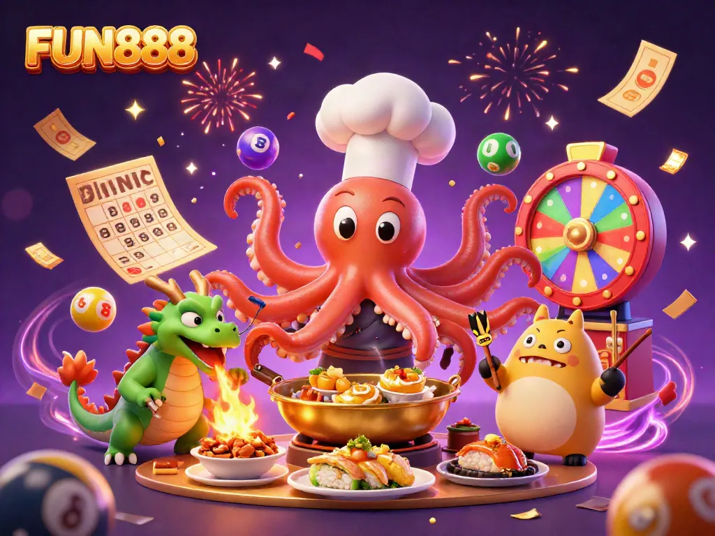 Experience the vibrant FUN888 gaming scene with a sushi chef octopus and dragon amid dynamic casino elements.