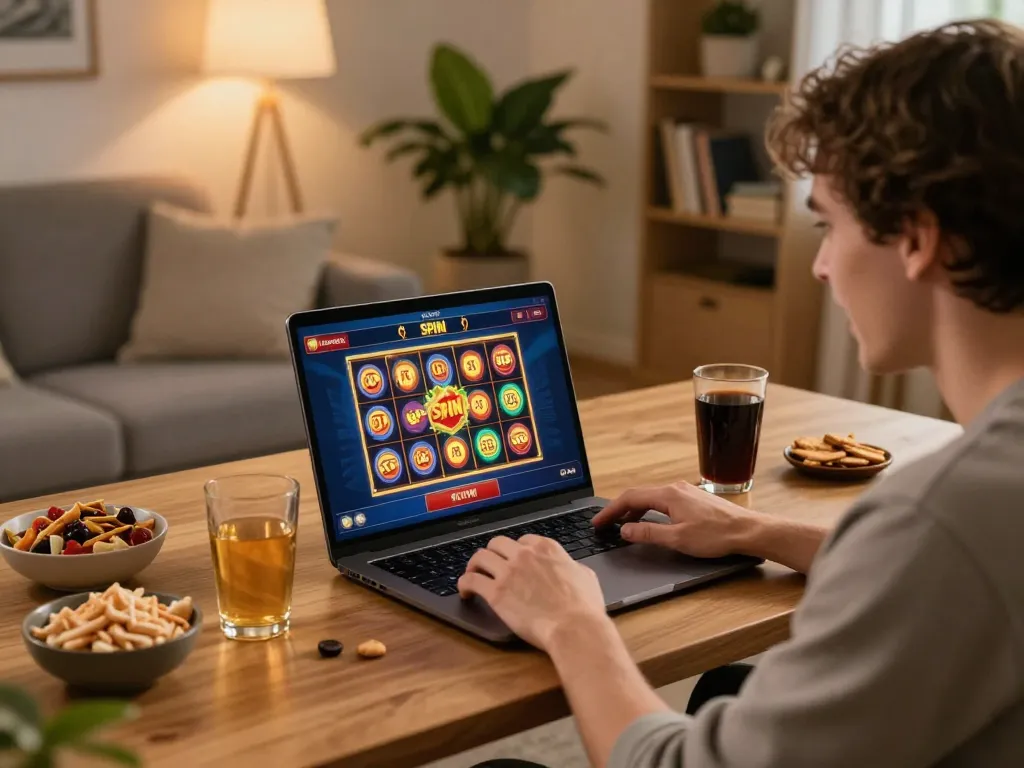 Engaging with MM88 online casino game on a laptop in a cozy home setup