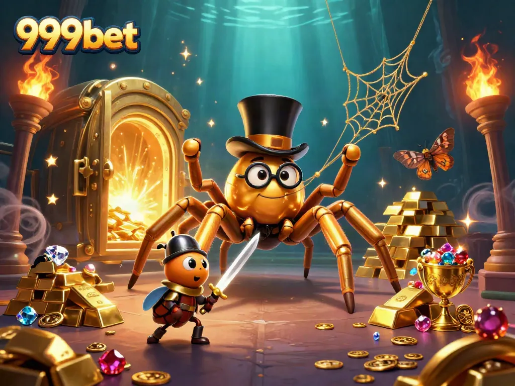 Experience the excitement at 999bet with a golden tarantula weaving a dazzling web between casino pillars.