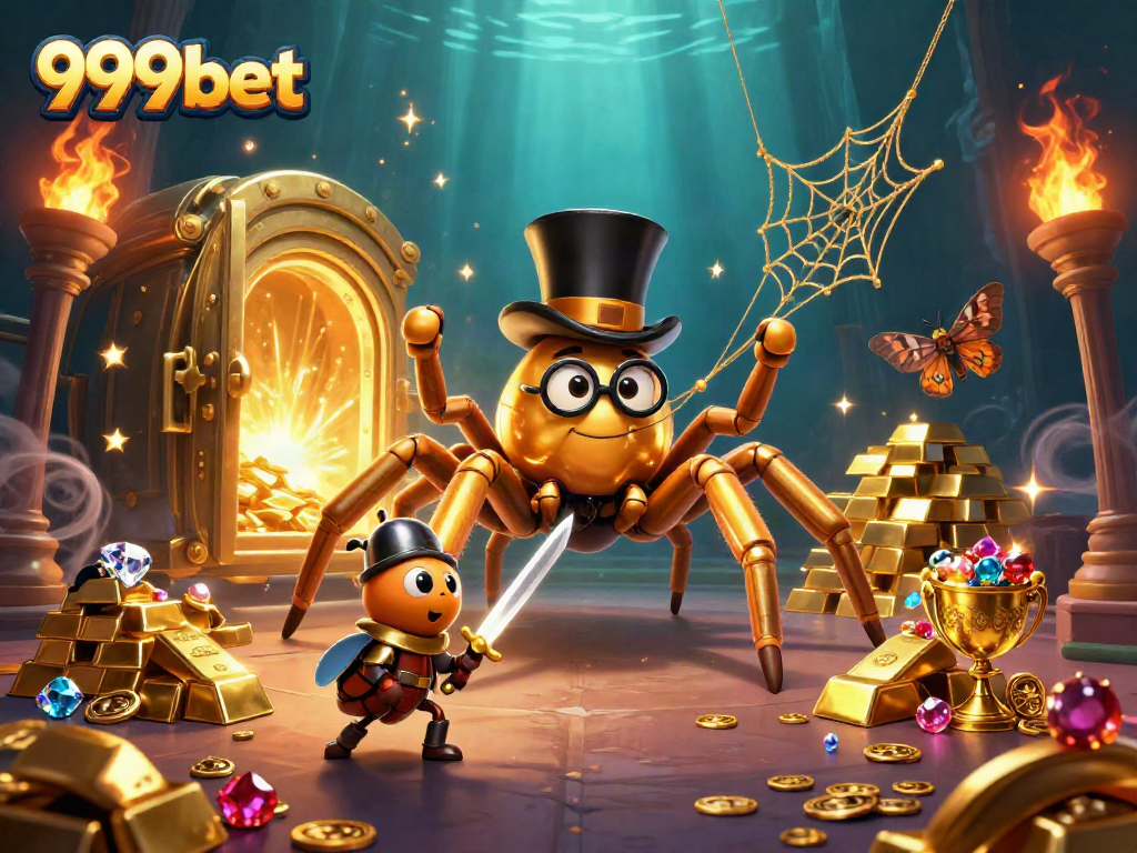 Experience the excitement at 999bet with a golden tarantula weaving a dazzling web between casino pillars.