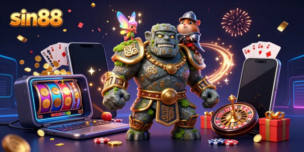 Experience the magic of sin88 with a golem guardian, fairy, and hamster knight surrounded by casino elements.