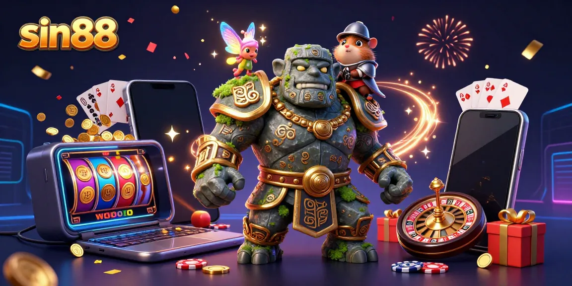Experience the magic of sin88 with a golem guardian, fairy, and hamster knight surrounded by casino elements.