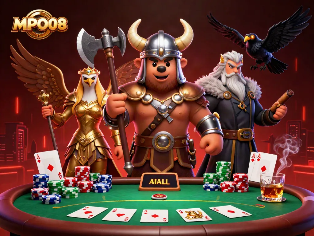 MPO08 showcases a Viking bear and Valkyrie eagle amidst vibrant poker elements, inviting gamblers to play.