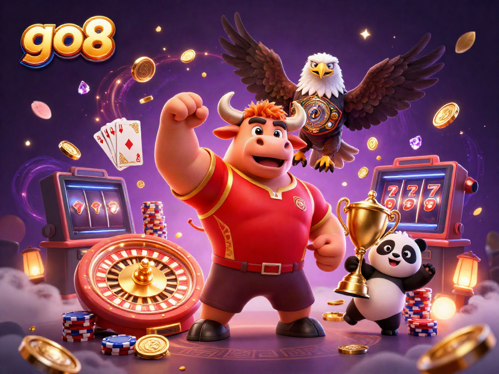 Experience thrilling gameplay at go8, with a lucky bull mascot celebrating wins amidst flowing coins and gaming elements.