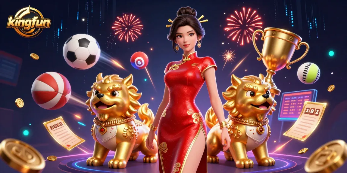 Experience kingfun's exciting gaming atmosphere featuring a glamorous Asian character surrounded by sports elements.