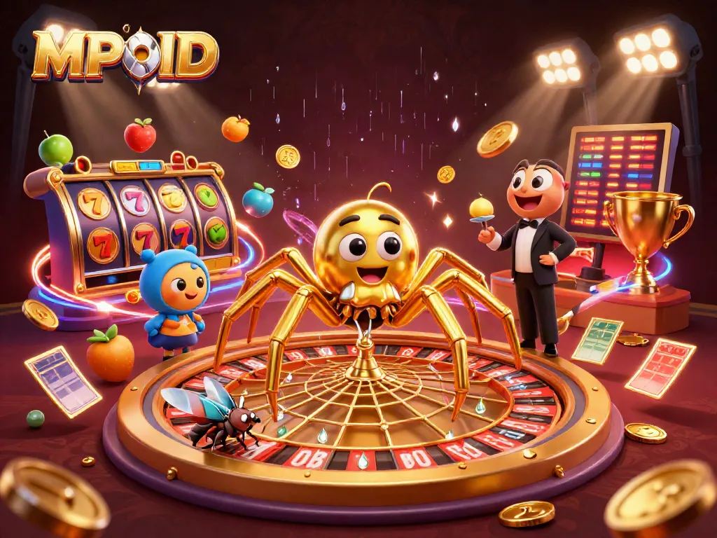 MPOID engages gamblers with a vibrant and thrilling scene featuring the golden spider and a roulette web.