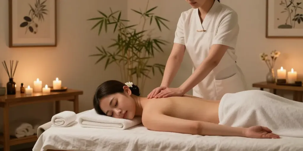 Professional 파주출장안마 massage therapy session in a calming spa setting with candles.