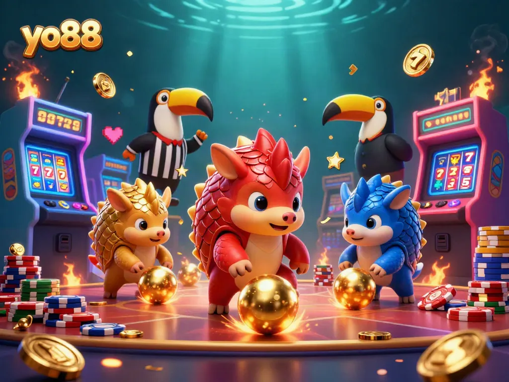 Experience exciting gameplay with yo88 as rival pangolins compete in a dynamic casino setting filled with vibrant elements.
