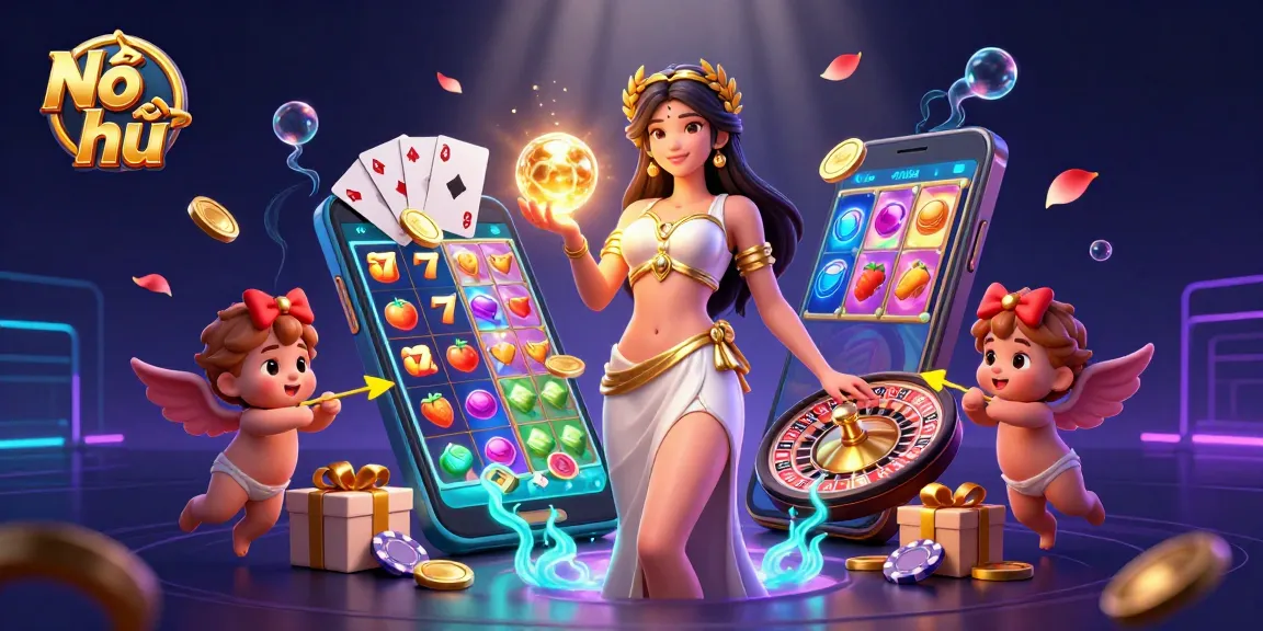 Experience thrilling Nổ hũ action with a Grecian goddess and animated Cupid cherubs in a vibrant casino scene.