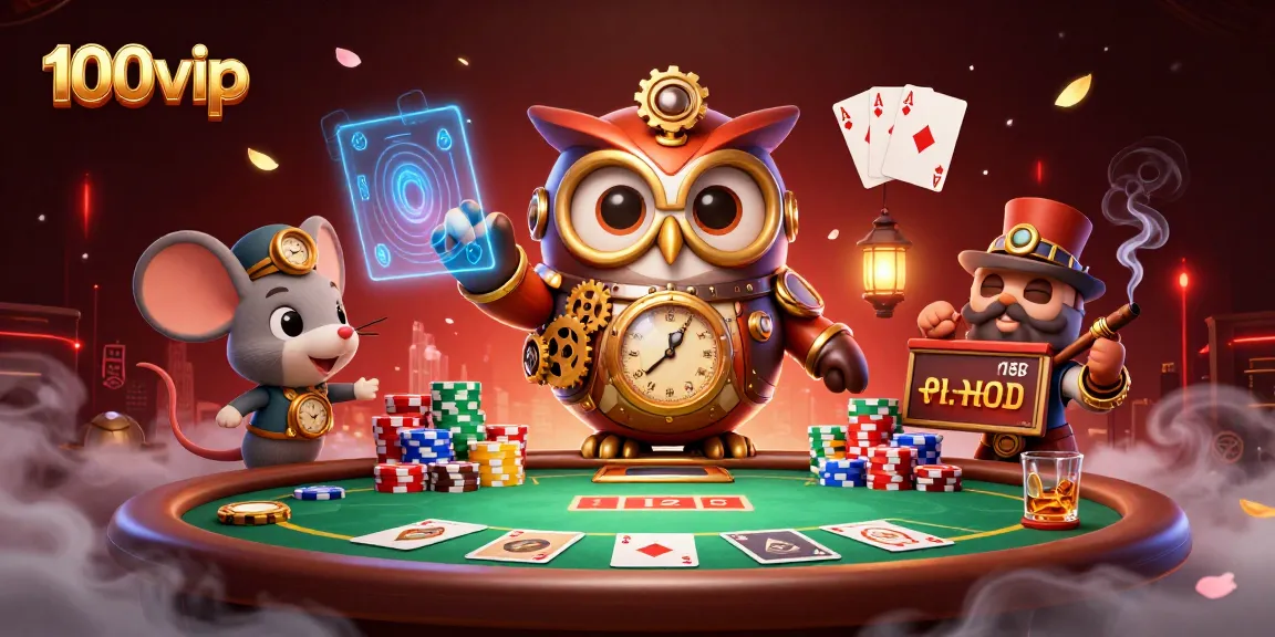 Experience thrilling poker action with 100vip's steampunk owl and casino elements in a vibrant 3D scene.