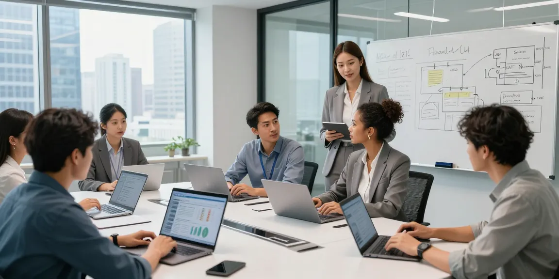 Team collaborating on it business support strategies in a modern office setting.