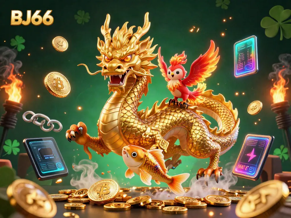 Experience the thrilling BJ66 gaming world with a golden dragon, phoenix, and koi fish dynamic scene.