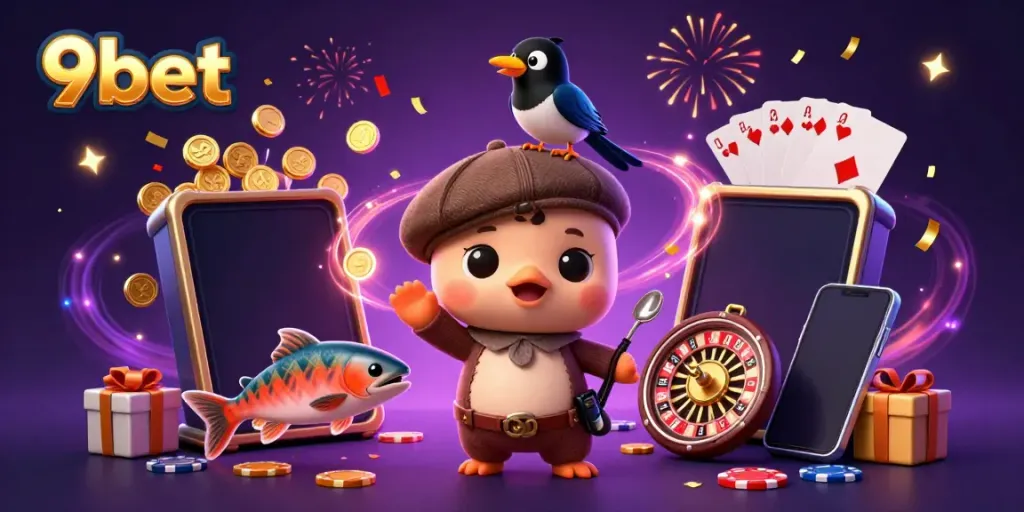Experience the thrills of 9bet with colorful slots and playful characters in a dynamic casino scene.
