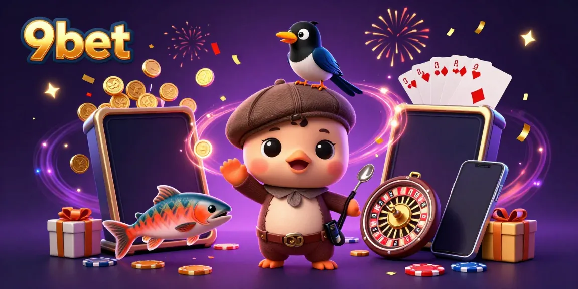 Experience the thrills of 9bet with colorful slots and playful characters in a dynamic casino scene.