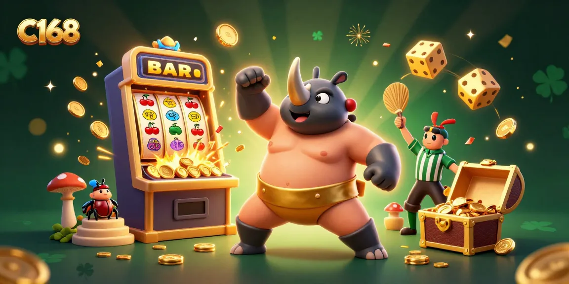 C168's engaging 3D casino scene showcases a sumo beetle champion and golden jackpot excitement