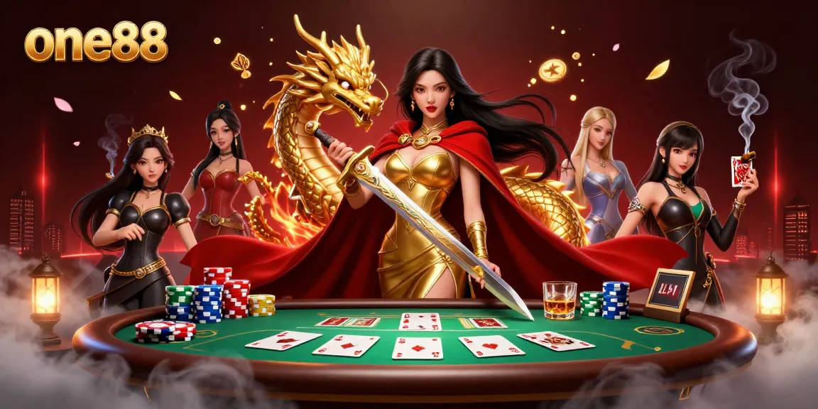 Discover thrilling action at one88 with a warrior queen and a golden dragon surrounded by poker elements.