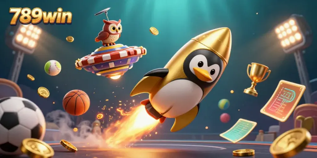 Experience thrilling adventures with 789win in this vibrant 3D casino illustration showing a golden penguin and sports elements