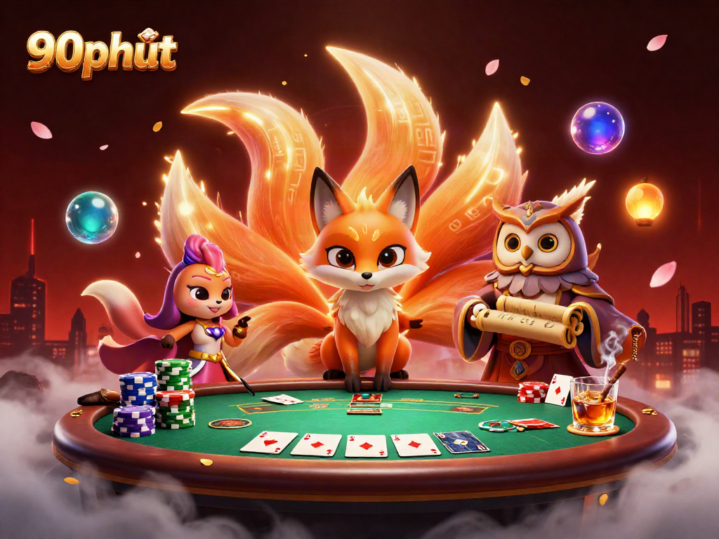 90phut reveals an enchanting scene with a glowing nine-tailed fox spirit and wise owl at a vibrant poker table.