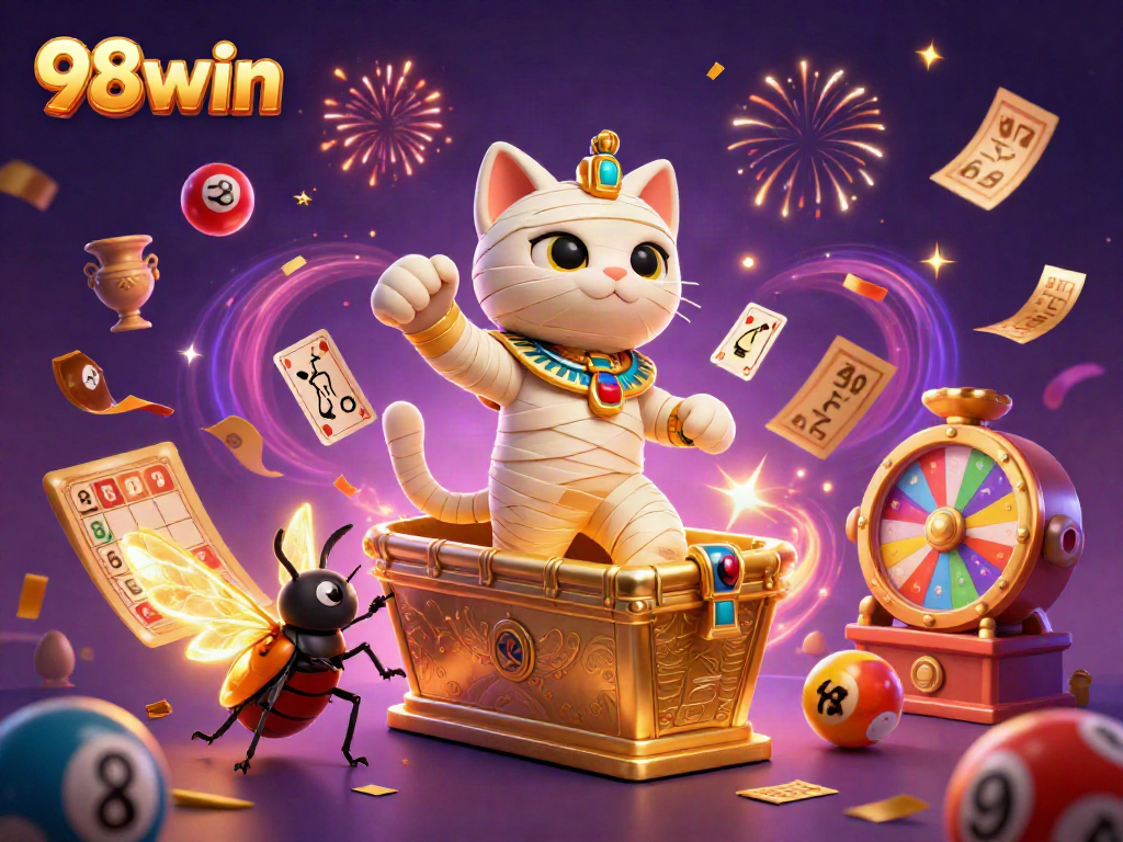 Experience the fun of winning at 98win with a lively 3D scene of a mummy cat and a scarab in a casino
