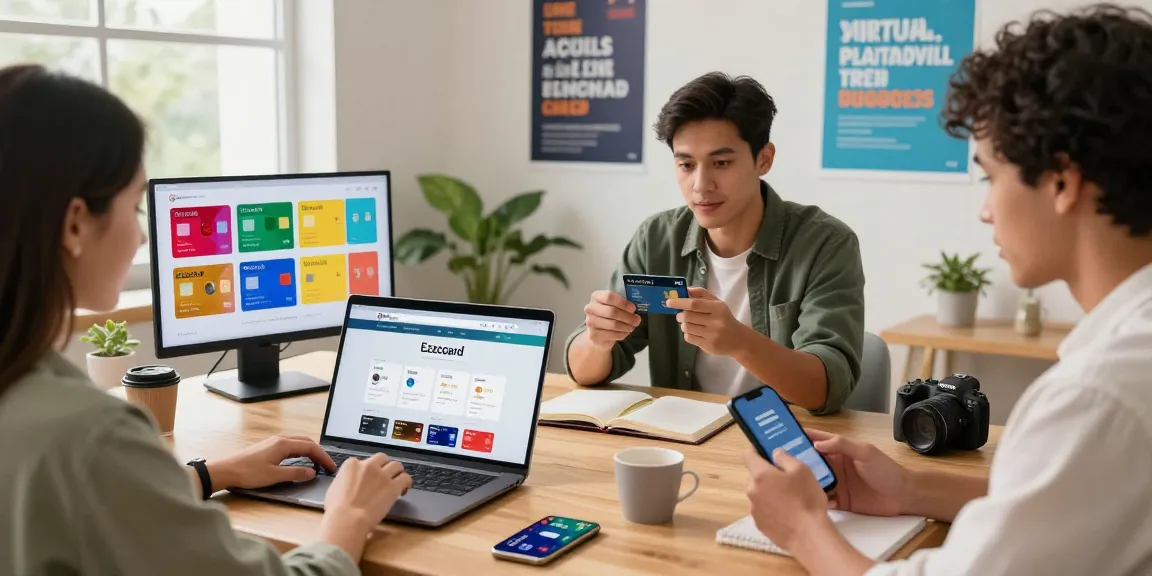Ezzocard's virtual prepaid cards showcased in a vibrant online shopping environment with diverse young adults.