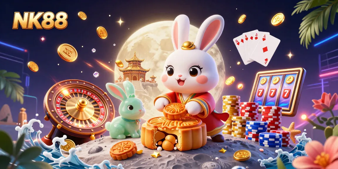 Engage with NK88's thrilling gaming environment featuring moon rabbits and poker chips.