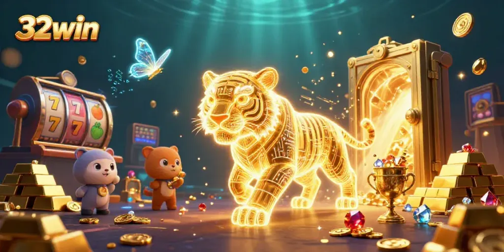 Experience high stakes thrills with 32win in this vibrant, neon-lit casino scene.