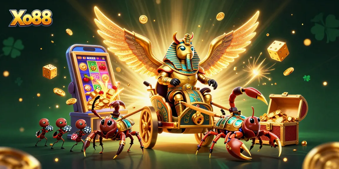 Xo88 ignites excitement with a golden scarab and vibrant game elements in a dazzling casino scene.