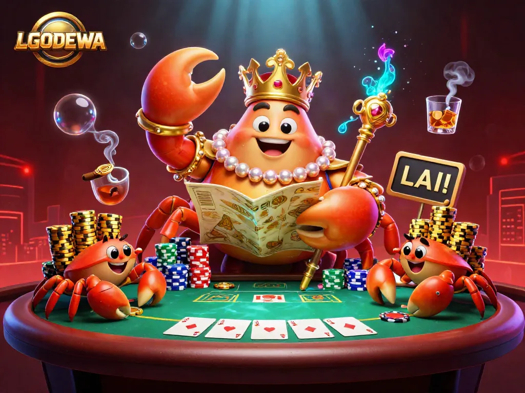 Experience high-stakes gaming at LGODEWA with a golden crab emperor leading the way among poker chips and cards.